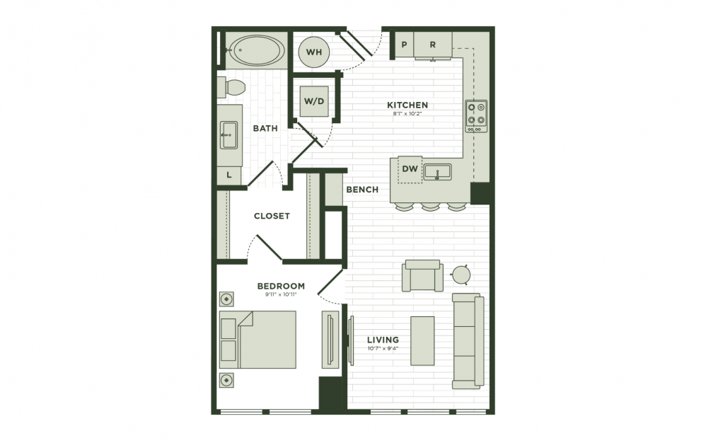 A8a2 - 1 bedroom floorplan layout with 1 bath and 752 square feet.
