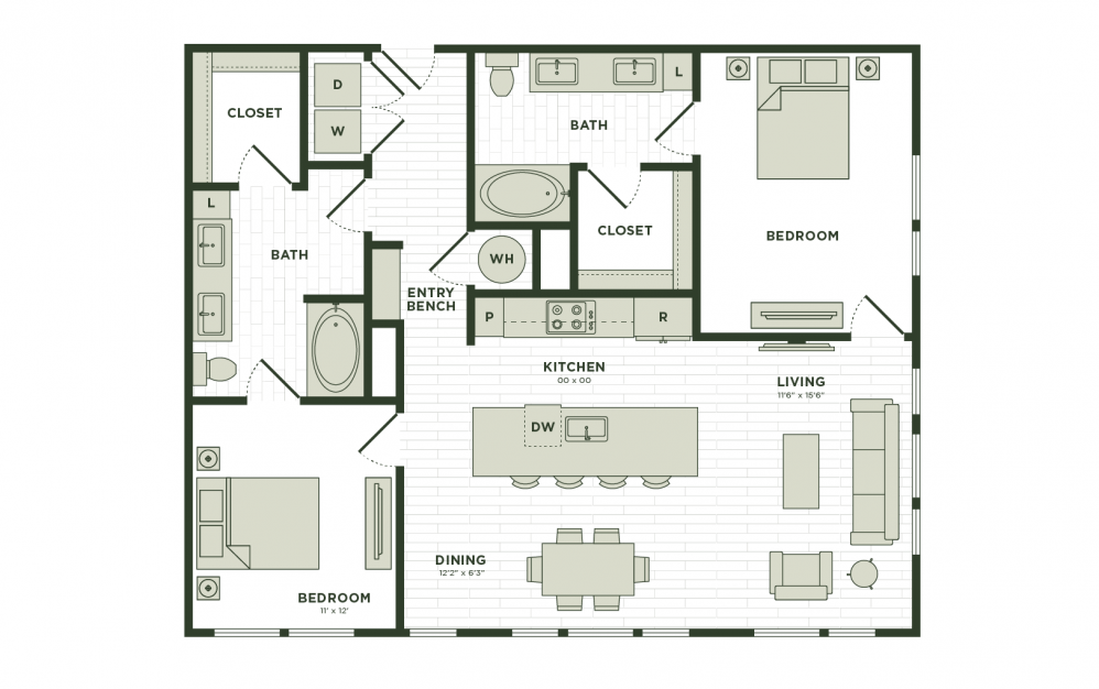 B4 - 2 bedroom floorplan layout with 2 baths and 1267 square feet.
