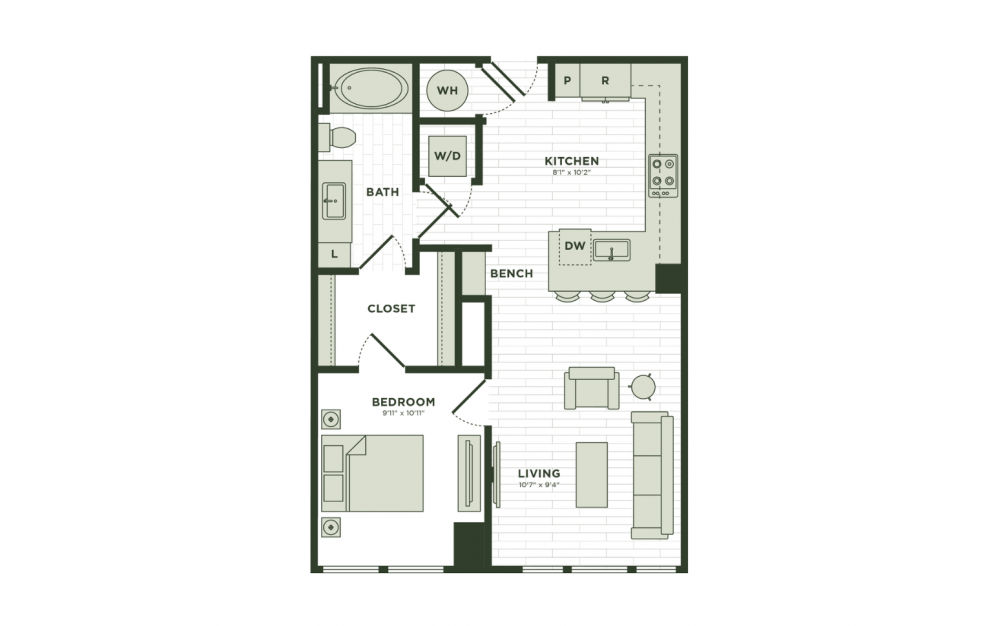 A8a2 - 1 bedroom floorplan layout with 1 bath and 752 square feet.