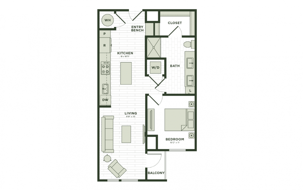A3 - 1 bedroom floorplan layout with 1 bath and 703 square feet.