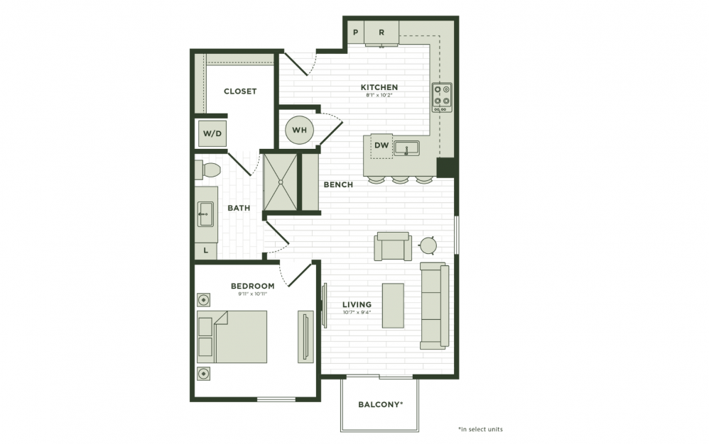 A9 - 1 bedroom floorplan layout with 1 bath and 785 square feet.