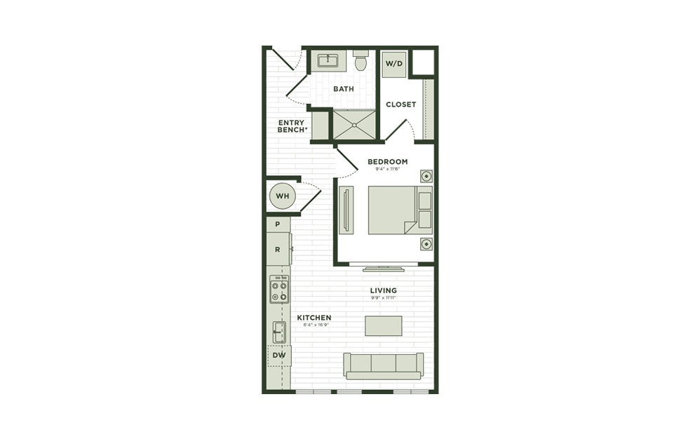 A1 - 1 bedroom floorplan layout with 1 bath and 578 square feet.