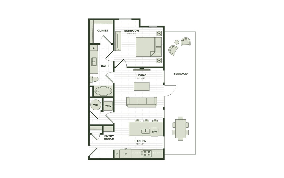 A2 - 1 bedroom floorplan layout with 1 bath and 614 square feet.