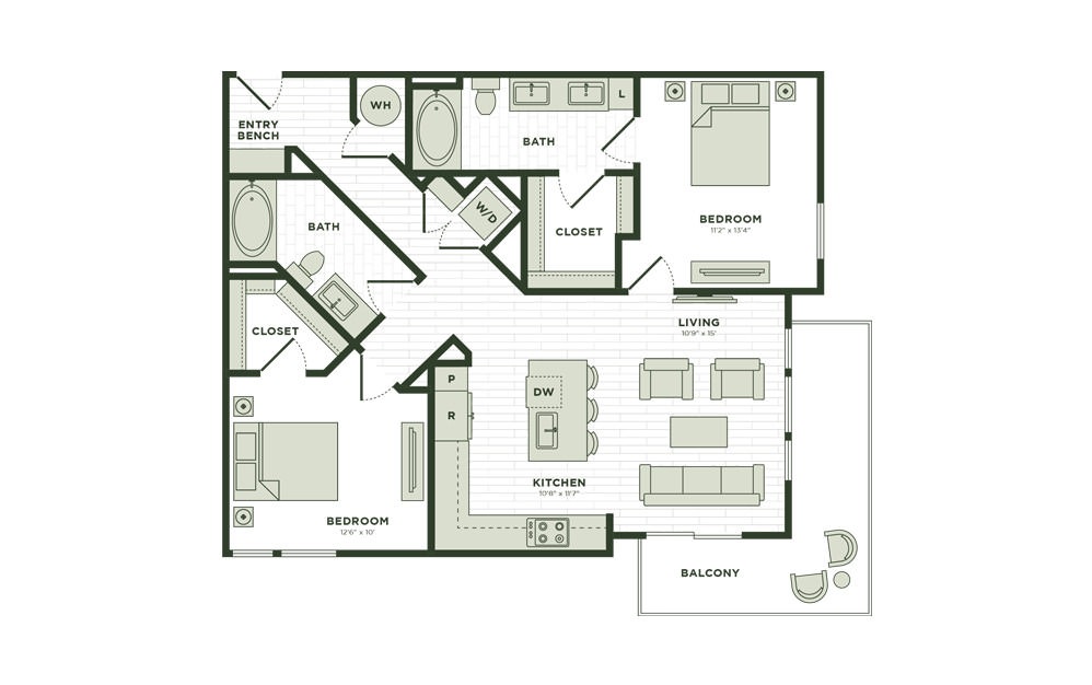 B1 - 2 bedroom floorplan layout with 2 baths and 1111 square feet.