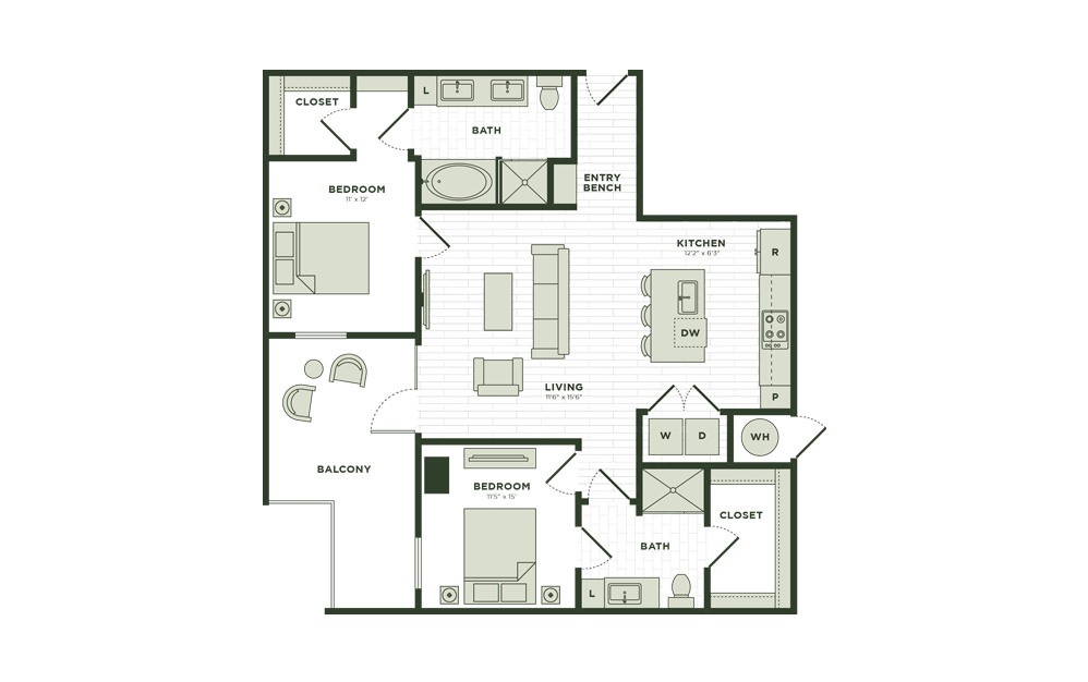 B2a - 2 bedroom floorplan layout with 2 baths and 1120 square feet.
