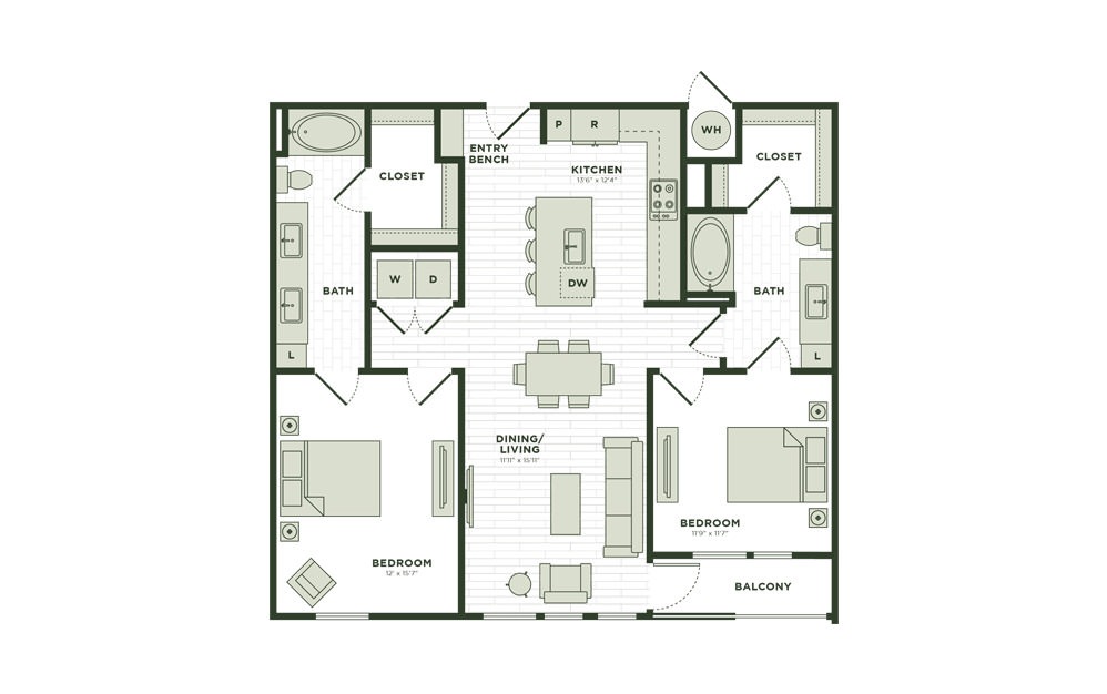 B3 - 2 bedroom floorplan layout with 2 baths and 1219 square feet.