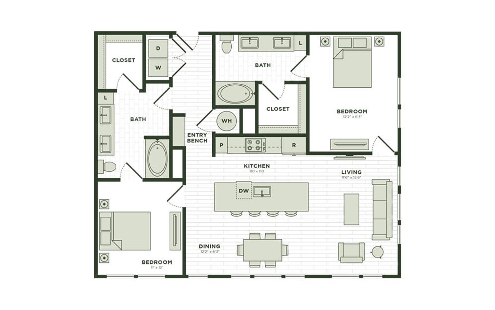 B4 - 2 bedroom floorplan layout with 2 baths and 1267 square feet.