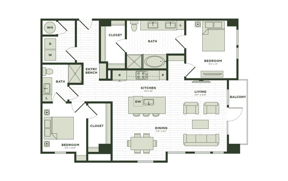 B5 - 2 bedroom floorplan layout with 2 baths and 1330 square feet.