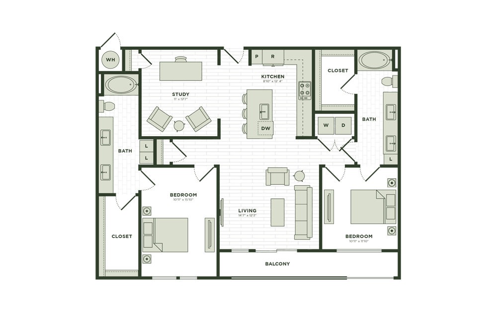 B6 - 2 bedroom floorplan layout with 2 baths and 1400 square feet.